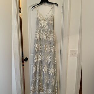 Say yes to the prom. Blue and white lace prom dress